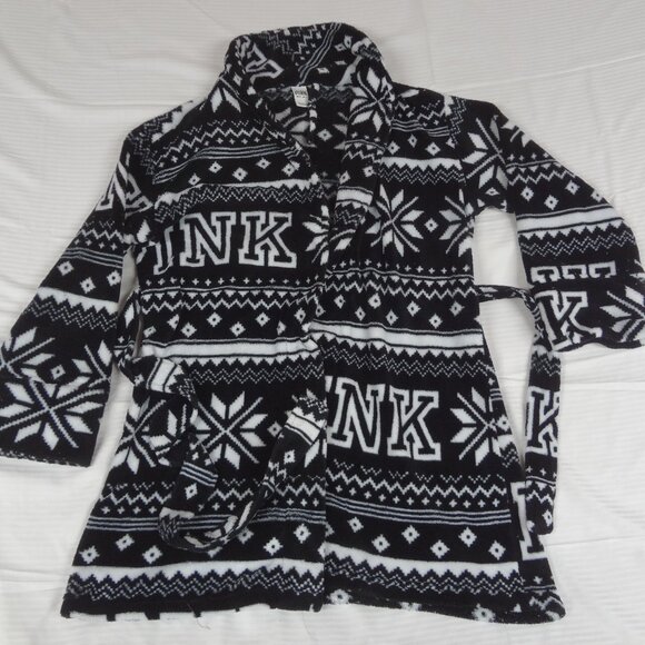 PINK BY VICTORIA'S SECRET SNOWFLAKE BLACK BATH ROBE WOMENS XS X-SMALL L238 - Picture 1 of 7